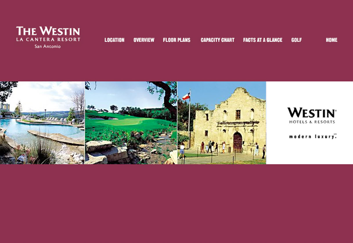 Interactive Meeting Planner eBrochure interface designed for The Westin La Ceantera Resort, San Antonio, Texas, featuring interactive floor plans with capacity details, branded hotel photography, and structured meeting space presentation.