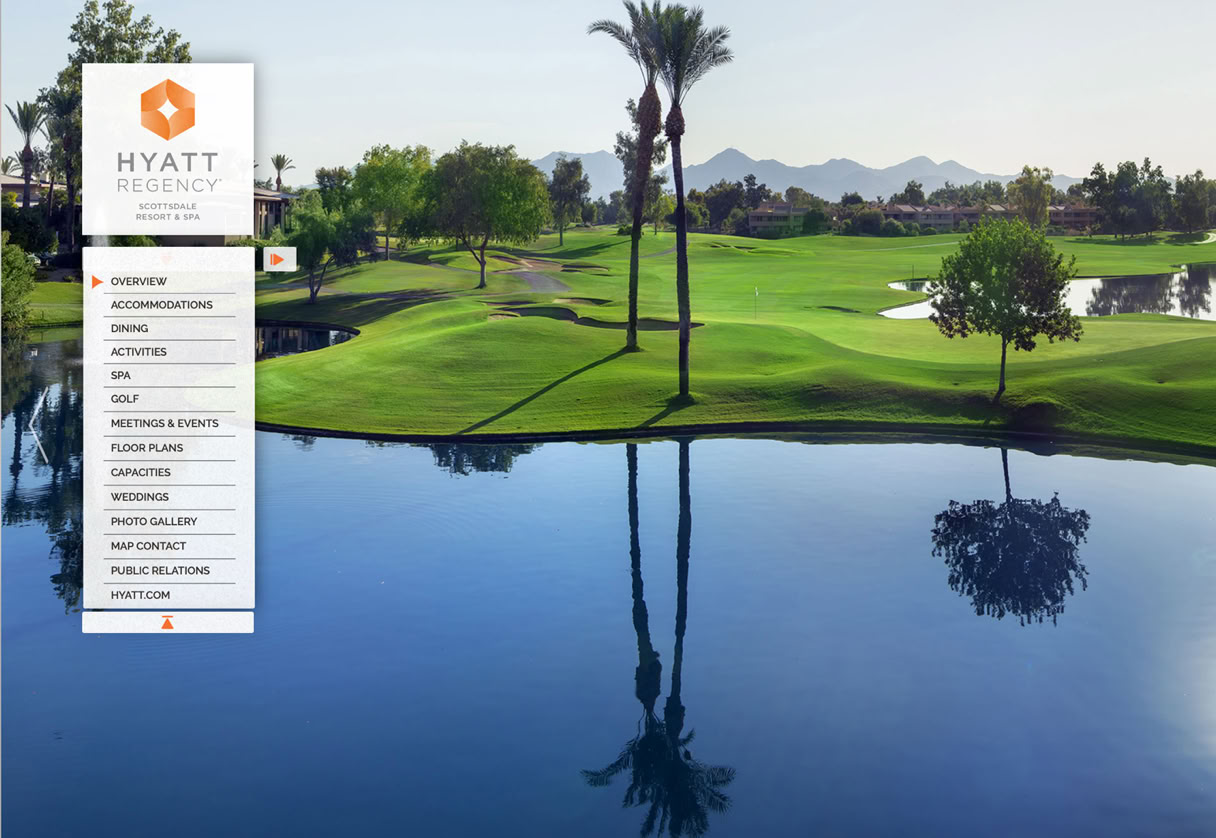 Interactive Meeting Planner eBrochure interface designed for Hyatt Regency Resort and Spa Indian Wells, California, featuring interactive floor plans with capacity details, branded hotel photography, and structured meeting space presentation.