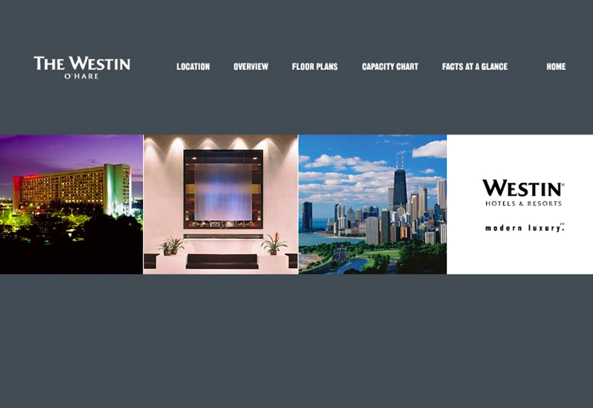Interactive Meeting Planner eBrochure interface designed for The Westin O’Hare in Rosemont, Illinois, featuring interactive floor plans with capacity details, branded hotel photography, and structured meeting space presentation.
